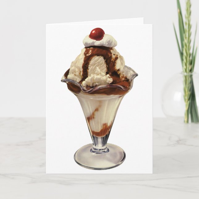 Vintage Hot Fudge Ice Cream Sundae Desserts Card (Front)