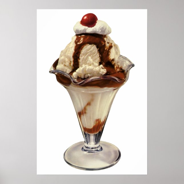 Vintage Hot Fudge Ice Cream Sundae Desserts Poster (Front)