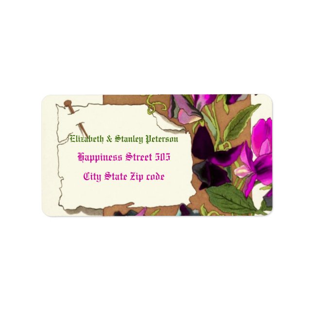 Vintage hot pink sweet pea flowers wedding label (Front)