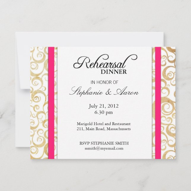 Vintage Hot Pink Swirl Rehearsal Dinner Card (Front)