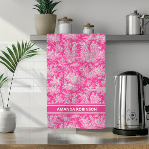 Vintage hot pink toile de jouy printed tea towel