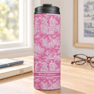 Vintage hot pink toile de jouy printed thermal tumbler