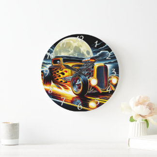 Vintage hot rod racing under a full moon glow large clock