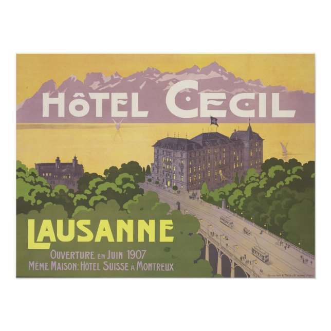 Vintage Hotel Cecil Lausanne 1907 Swiss Art Poster (Front)