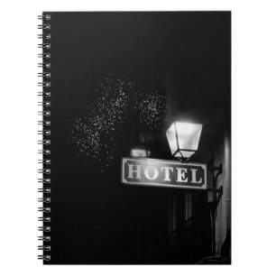 Vintage hotel sign, street light and many light notebook