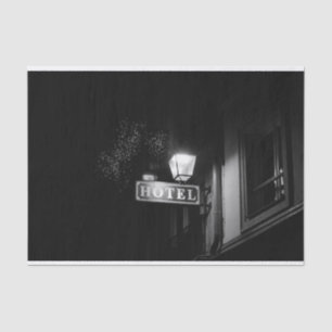 Vintage hotel sign, street light and many light tissue paper