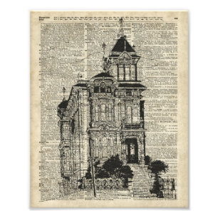 Vintage House Illustration Over Old Book Page Photo Print