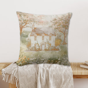 Vintage House in The Green Meadow Cottagecore Art Cushion