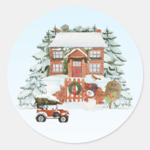 Vintage House Merry Christmas Snow Winter Scene Classic Round Sticker