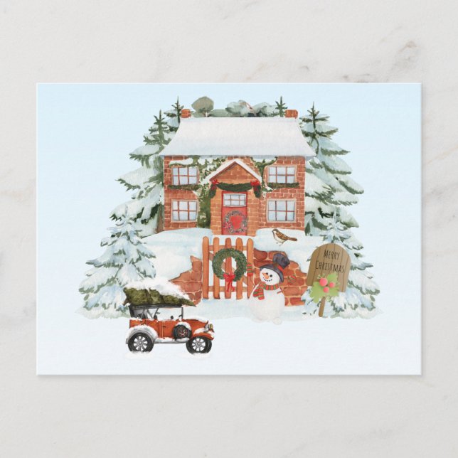 Vintage House Merry Christmas Snow Winter Scene Postcard (Front)
