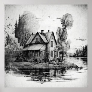 Vintage House on the River: A Serene Scene in Draw Poster
