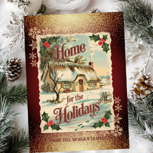 Vintage House Winter Landscape Red Holiday Card