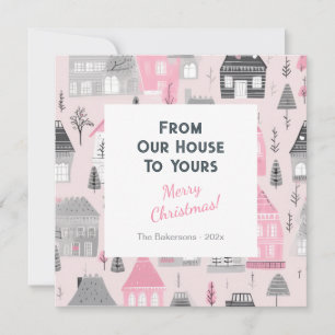 Vintage Houses on Pink Christmas Card