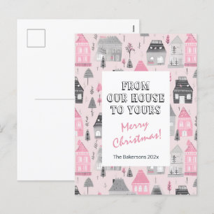 Vintage Houses on Pink Christmas Post Card