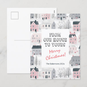 Vintage Houses Pink Grey Christmas Post Card
