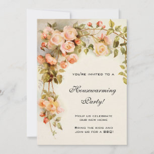Vintage Housewarming, Antique Pink Rose Flowers Invitation