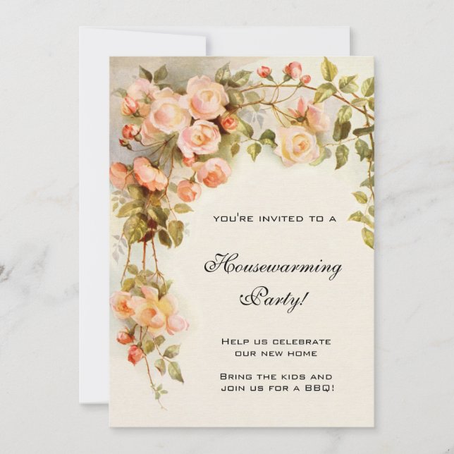 Vintage Housewarming, Antique Pink Rose Flowers Invitation (Front)