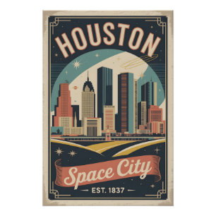 Vintage Houston Texas Space City Retro Travel Poster