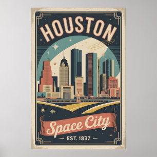 Vintage Houston Texas Space City Retro Travel Poster