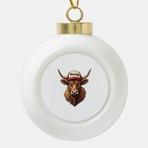 Vintage Howdy Highland Cow Western Trucker Hat Sty Ceramic Ball Christmas Ornament