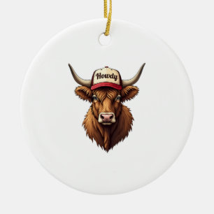 Vintage Howdy Highland Cow Western Trucker Hat Sty Ceramic Tree Decoration