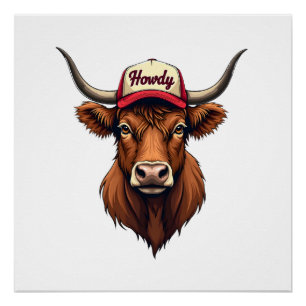Vintage Howdy Highland Cow Western Trucker Hat Sty Poster