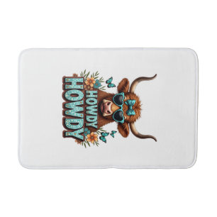 Vintage Howdy Highland Cow with Heart Sunglasses W Bath Mat