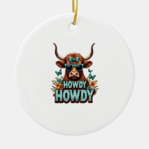 Vintage Howdy Highland Cow with Heart Sunglasses W Ceramic Tree Decoration