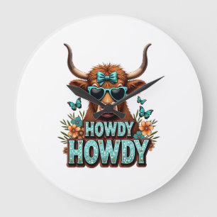 Vintage Howdy Highland Cow with Heart Sunglasses W Large Clock