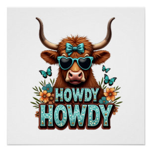 Vintage Howdy Highland Cow with Heart Sunglasses W Poster