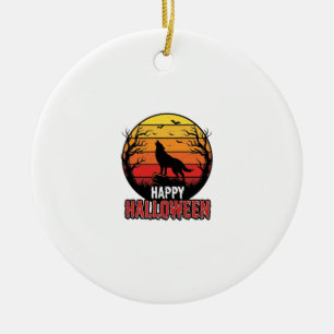 Vintage Howling Wolf Happy Halloween Vector Design Ceramic Tree Decoration
