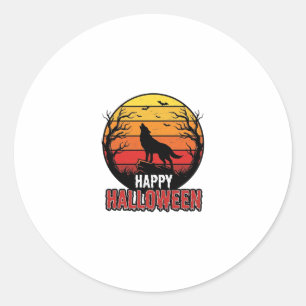 Vintage Howling Wolf Happy Halloween Vector Design Classic Round Sticker