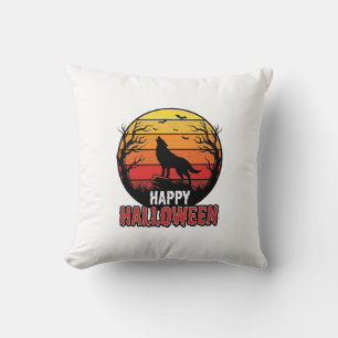 Vintage Howling Wolf Happy Halloween Vector Design Cushion