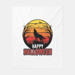 Vintage Howling Wolf Happy Halloween Vector Design Fleece Blanket