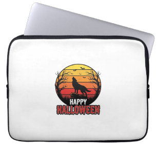 Vintage Howling Wolf Happy Halloween Vector Design Laptop Sleeve