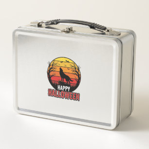 Vintage Howling Wolf Happy Halloween Vector Design Metal Lunch Box