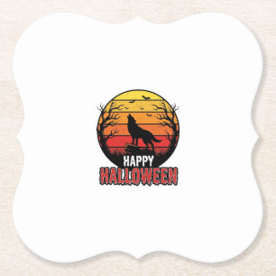 Vintage Howling Wolf Happy Halloween Vector Design Paper Coaster