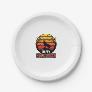Vintage Howling Wolf Happy Halloween Vector Design Paper Plate