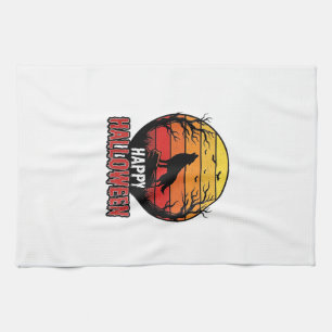 Vintage Howling Wolf Happy Halloween Vector Design Tea Towel