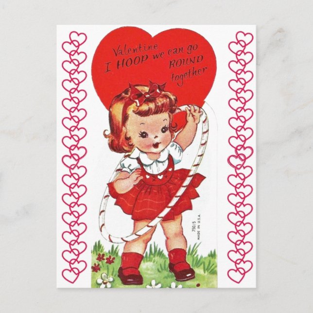 Vintage Hula Hoop Girl Valentine Postcard (Front)