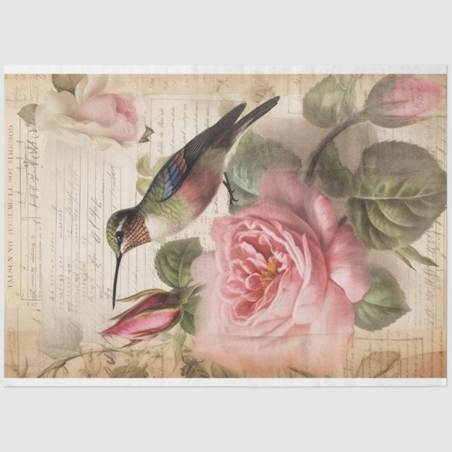 Vintage Hummingbird and Pink Roses Decoupage Tissue Paper (Front)