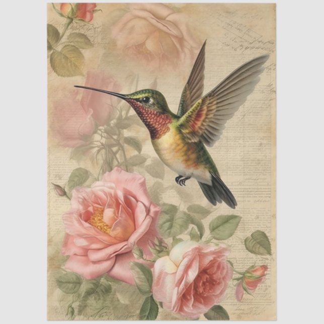 Vintage Hummingbird and Pink Roses Decoupage Tissue Paper (Front)