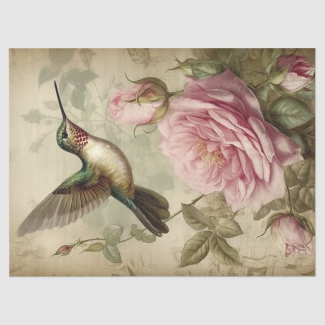 Vintage Hummingbird and Pink Roses Decoupage Tissue Paper (Front)