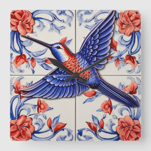 Vintage Hummingbird Azulejo Square Wall Clock