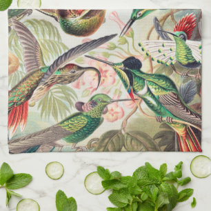 Vintage Hummingbird Botanical Art Nouveau Green Tea Towel