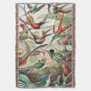 Vintage Hummingbird Botanical Art Nouveau Green Throw Blanket
