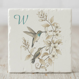 Vintage Hummingbird Botanical Initial Gift Stone Coaster