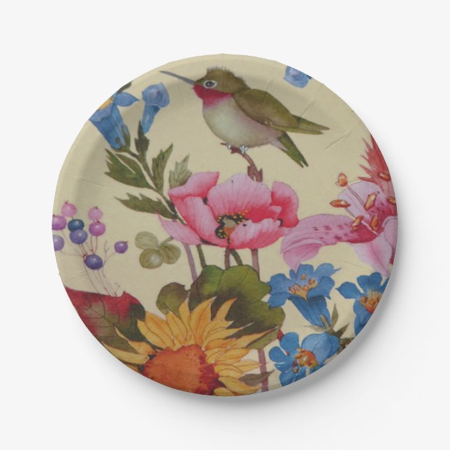 Vintage Hummingbird Friends Wild Flowers Paper Plate (Front)