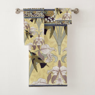 Vintage Hummingbird Orchid Art Nouveau Pattern Bath Towel Set