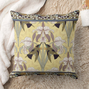 Vintage Hummingbird Orchid Art Nouveau Pattern Cushion